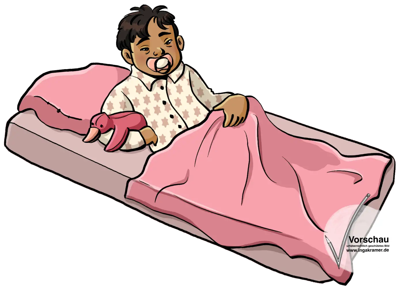 Ein Kleinkind mit Schnuller liegt auf einer Matratze und deckt sich zu.