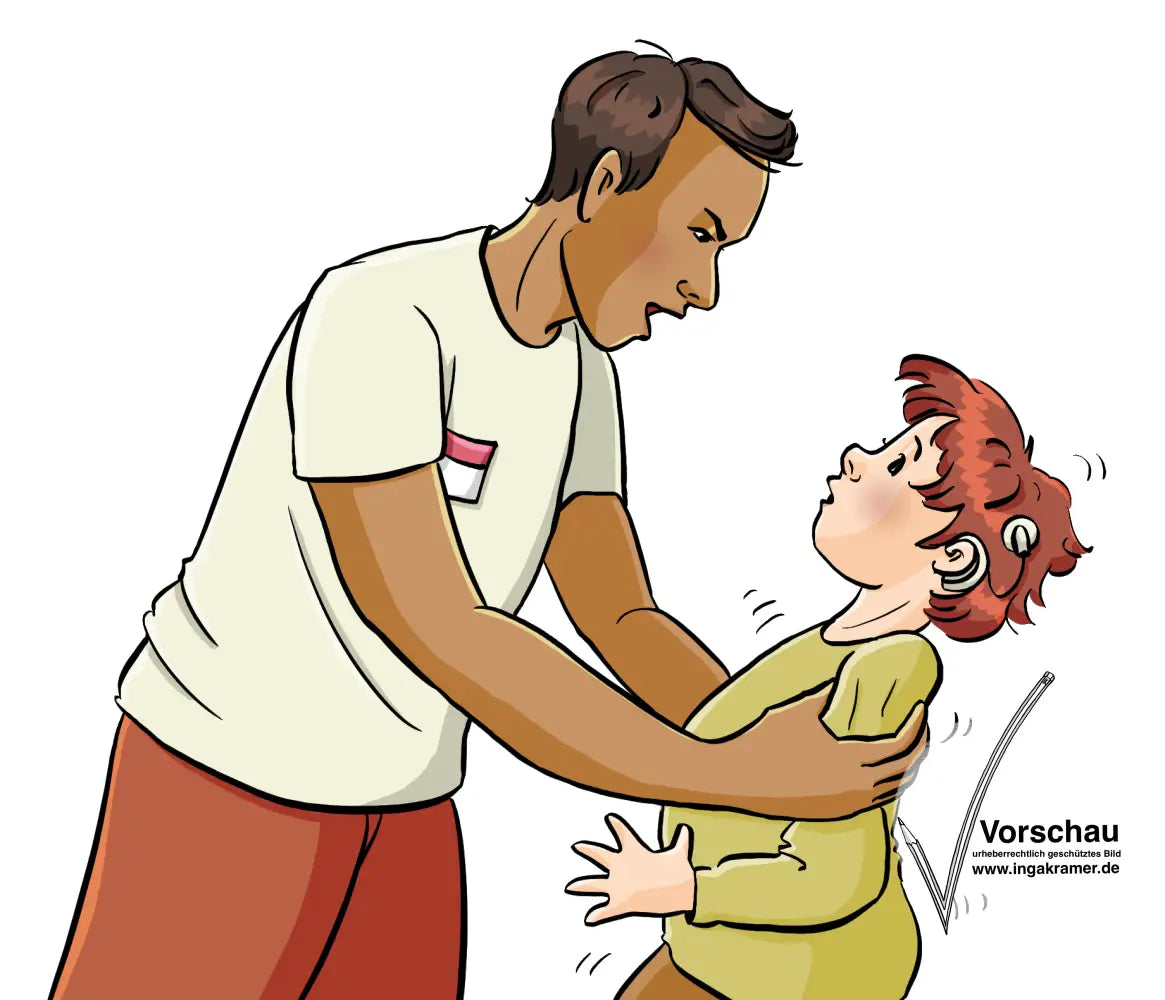 Ein Mann mit Namensschild hält ein Kind an den Armen gepackt und schaut wütend. Das Kind schaut erschrocken.