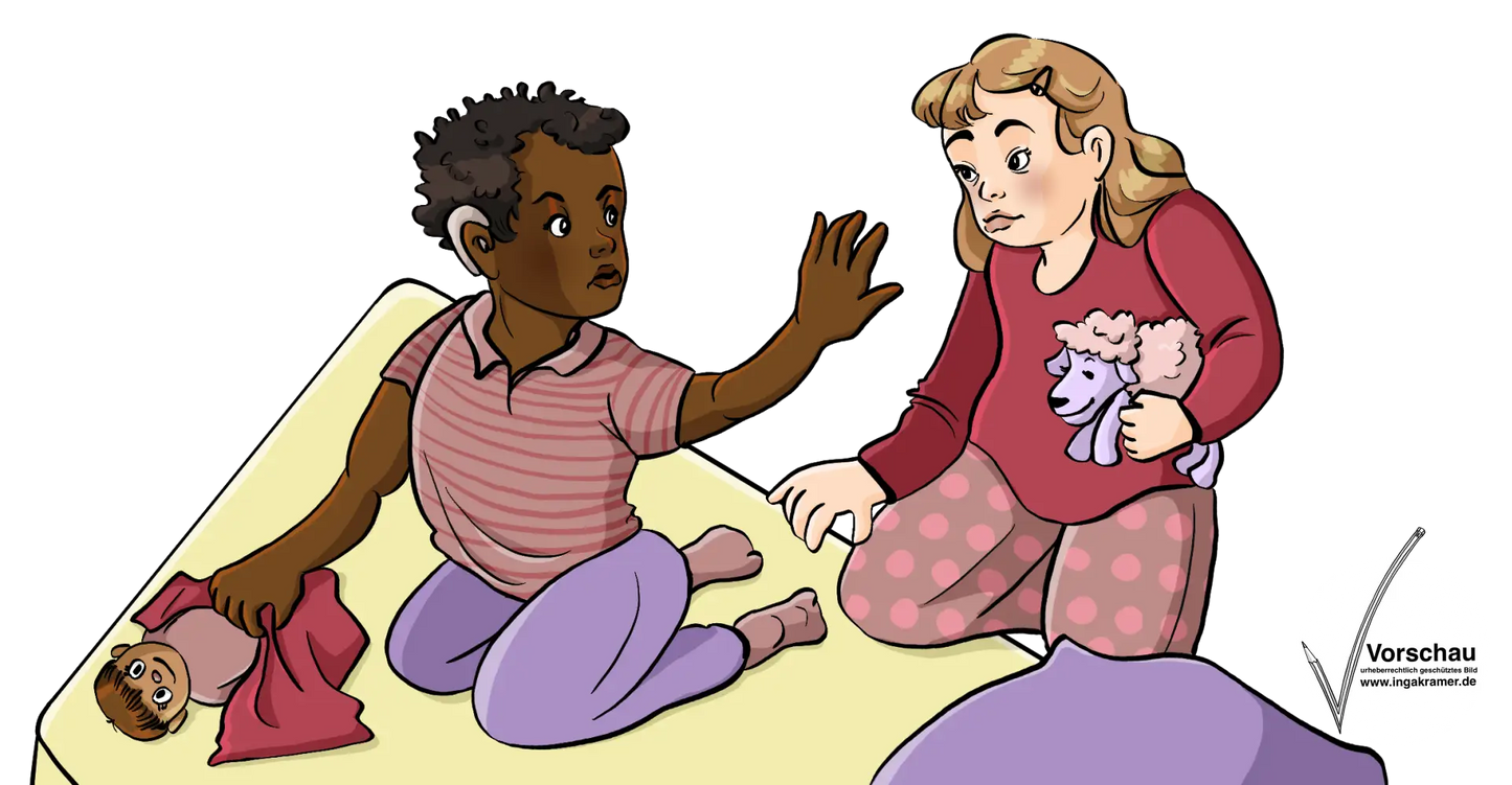 Ein kleines Mädchen nähert sich einem kleinen Jungen. Der Junge streckt ihr die Handfläche entgegen.