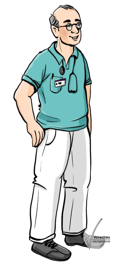 Ein älterer Mann in weißer Hose und türkisem T-Shirt. Um seinen Hals hängt ein Stethoskop.