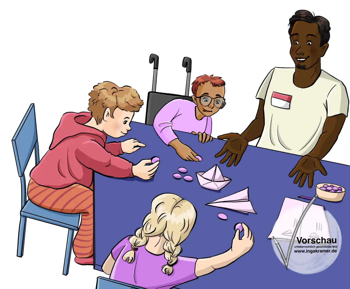 Ein Mann mit Namensschild sitzt mit drei Kindern am Tisch. Auf dem Tisch liegen ein Papierflieger, ein Papierboot und eine Strichliste. Die Kinder legen bunte Steine neben das Boot oder den Flieger.