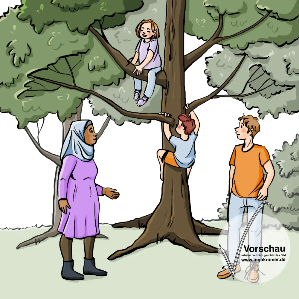 Zwei Kinder klettern auf Bäume. Ein Mann und eine Frau schauen zu.