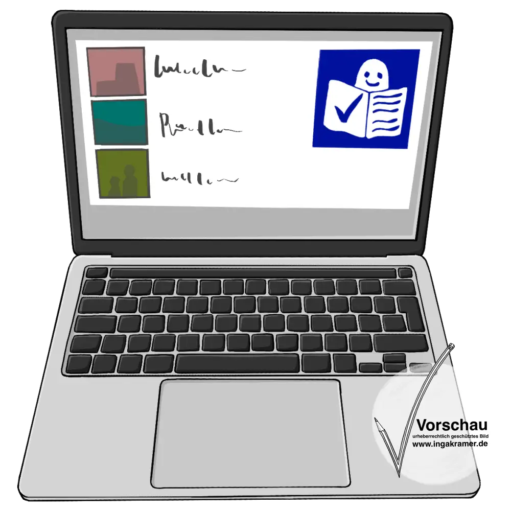 Ein Laptop. Auf dem Bildschirm sind Bilder, unleserlicher Text und das Symbol für Leichte Sprache.