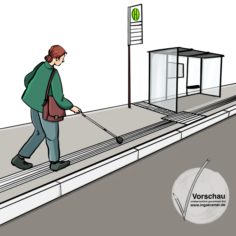 Eine Frau mit Blindenstock läuft auf eine Bushaltestelle zu.