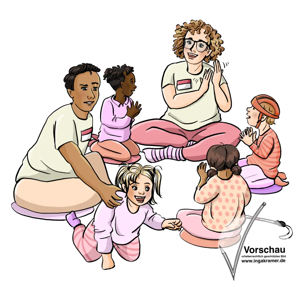 Ein Mann und eine Frau mit Namensschildern und drei Kinder sitzen im Kreis und klatschen. Ein Kind krabbelt davon, der Mann hält es an der Schulter fest.