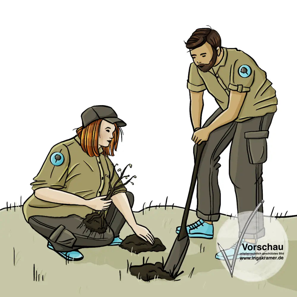 Eine Frau hockt auf einer Wiese, in Ihrer Hand hält sie einen kleinen Baum. Neben ihr sticht ein Mann mit einem Spaten ein Loch in die Erde. Beide tragen die gleichen Cargohosen und Hemden. Auf dem Ärmel ist ein Logo mit einem Baum.