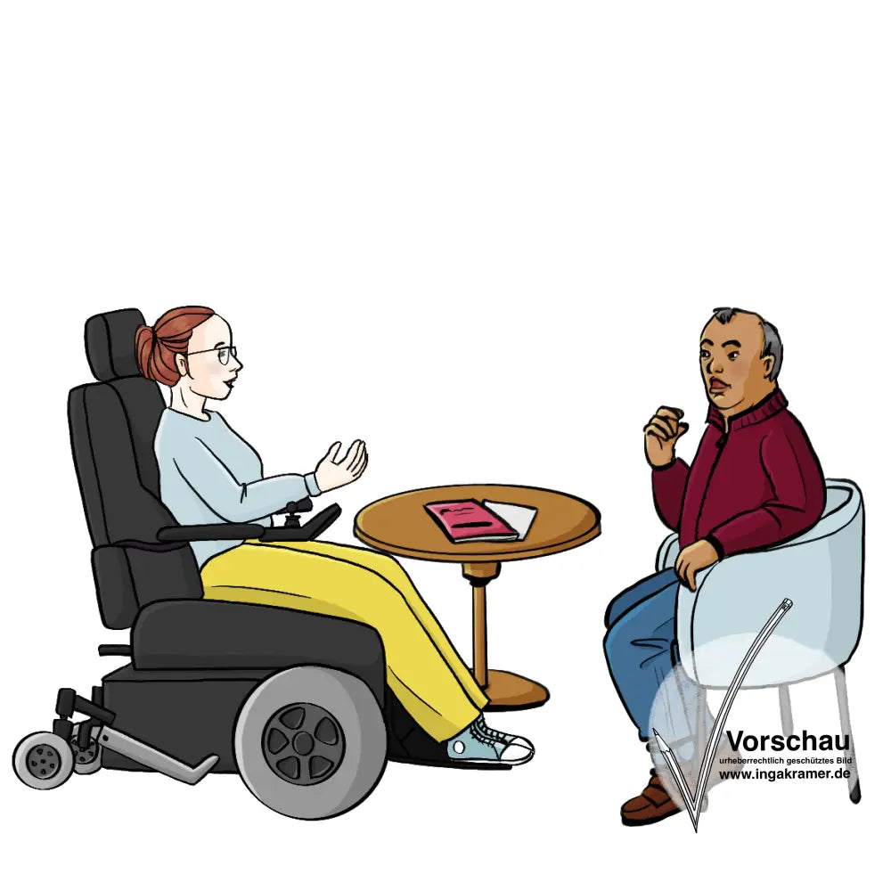 Eine Frau im Rollstuhl und ein Mann sitzen sich gegenüber und reden. In der Mitte steht ein Tisch mit Infoheften.