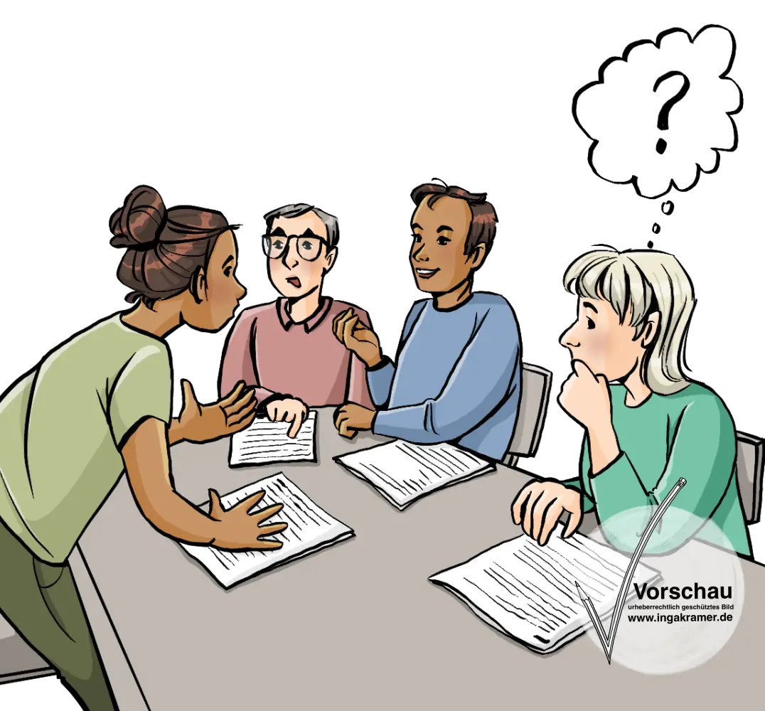 Vier Personen sitzen am Tisch und diskutieren. Eine Frau sitzt etwas abseits und hat ein Fragezeichen über dem Kopf.