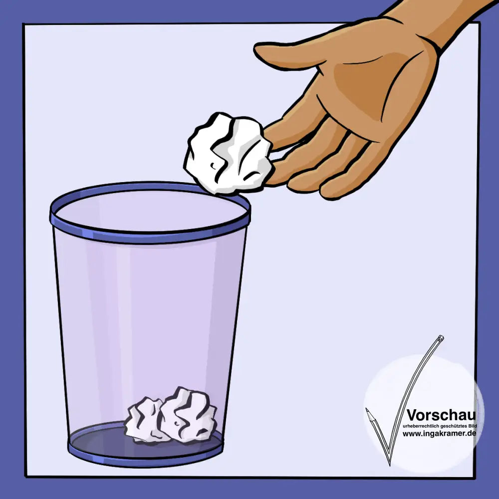 Eine Hand wirft einen zusammengeknüllten Zettel in einen Papierkorb.