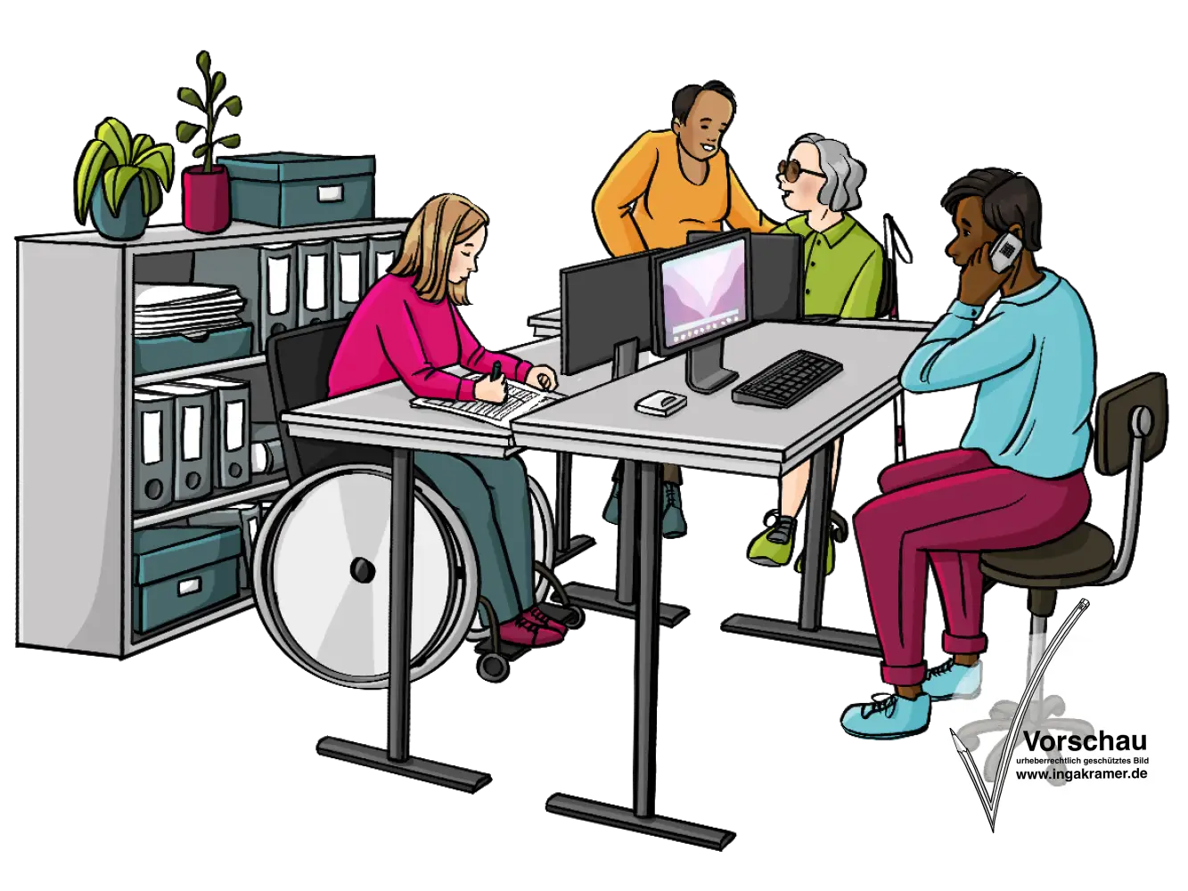 Eine Gruppe Menschen mit und ohne Behinderungen in einem Büro. Sie telefonieren und arbeiten am Computer. Ein Schreibtisch ist etwas höher als die anderen.