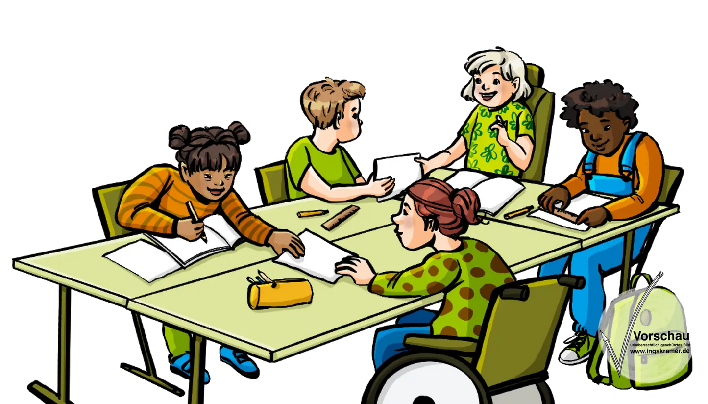 Kinder mit und ohne Behinderungen sitzen an einem Gruppentisch. Auf dem Tisch liegen Zettel und Schulhefte.