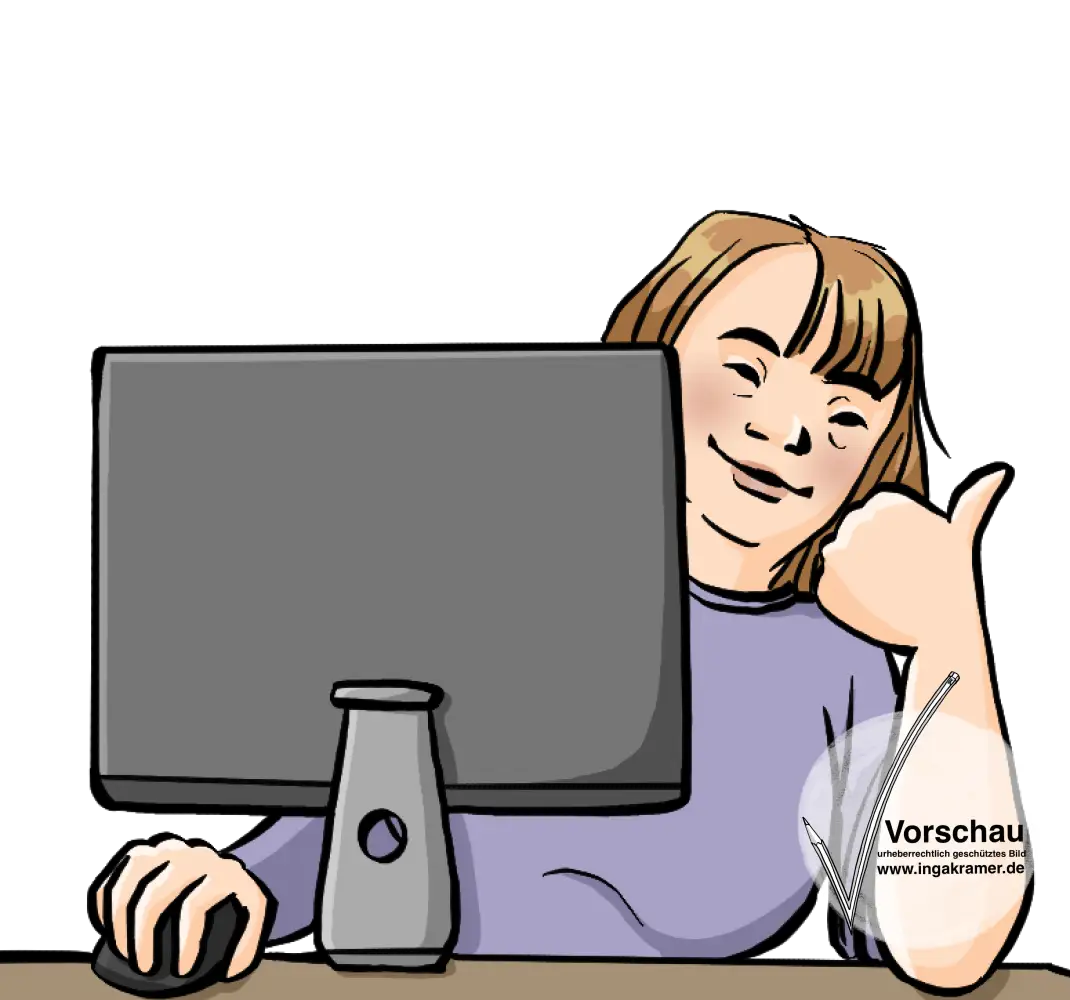Eine Frau mit Downsyndrom schaut hinter einem Computerbildschirm hervor und streckt den Daumen nach oben.