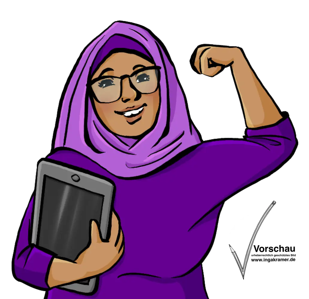 Eine Frau hält ein Tablet unter dem Arm. Sie hat den Arm angewinkelt und macht eine Faust.