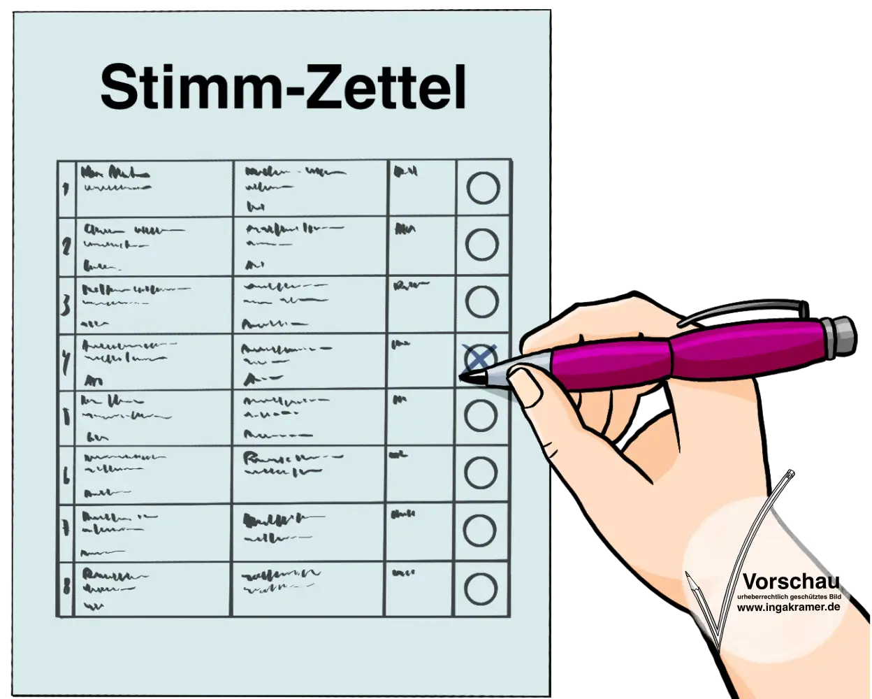 Ein blaues Blatt mit der Aufschrift: Stimmzettel. Sind Kästchen mit unlesbarer Schrift und Kreise. Eine Hand kreuzt einen Kreis an.