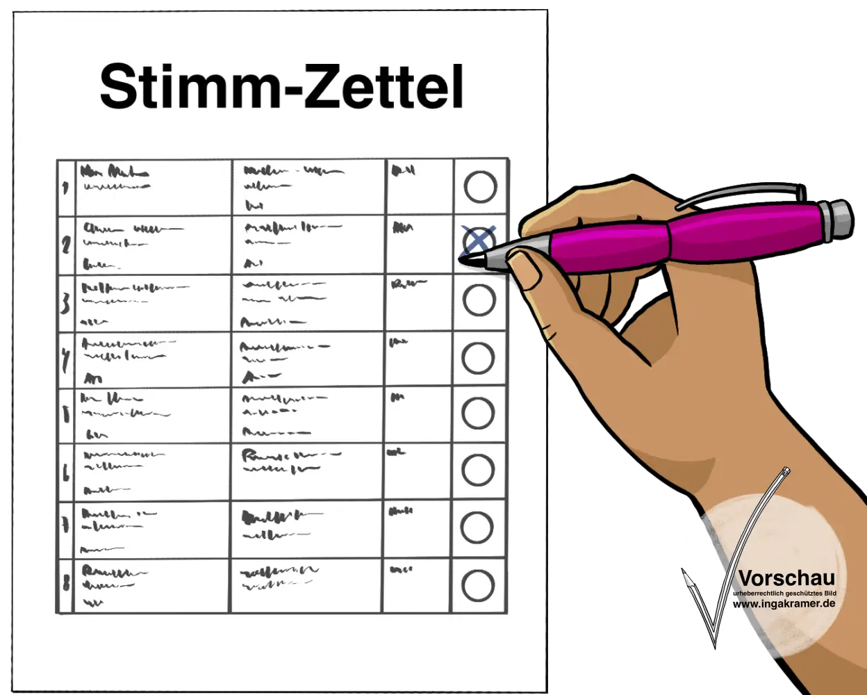 Leichte Sprache Bild:
Stimmzettel_ankreuzen_rosa
Freigestelltes PNG.
ca. 10x10 cm
300 dpi
RGB
Alternativtext:
Ein rosa Blatt mit der Aufschrift: Stimmzettel. Sind Kästchen mit unlesbarer Schrift und Kreise. Eine Hand kreuzt einen Kreis an.