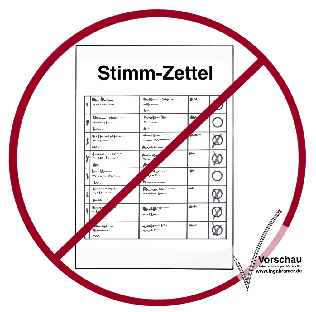Ein Blatt mit der Aufschrift: Stimmzettel. Auf dem Zettel ist eine Tabelle mit Schrift und Kreisen. Mehrere Kreise sind angekreuzt. Das Bild ist durchgestrichen.