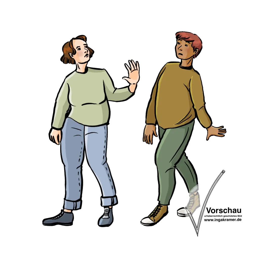 Eine Person kommt auf eine Frau zugelaufen, die Frau hebt abwehrend die Hand.