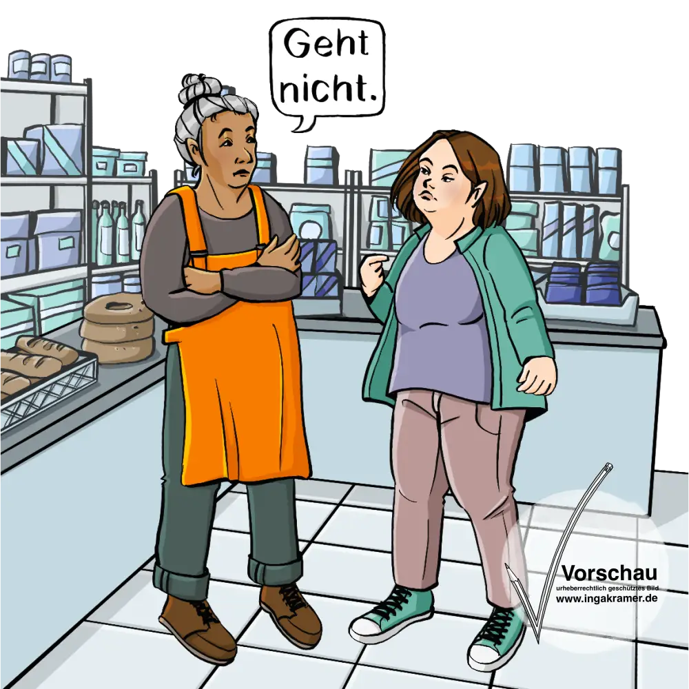 Zwei Frauen stehen in einem Laden. Die eine Frau hat das Downsyndrom. Sie zeigt auf sich. Die andere Frau hat die Arme verschränkt und sagt: Geht nicht.