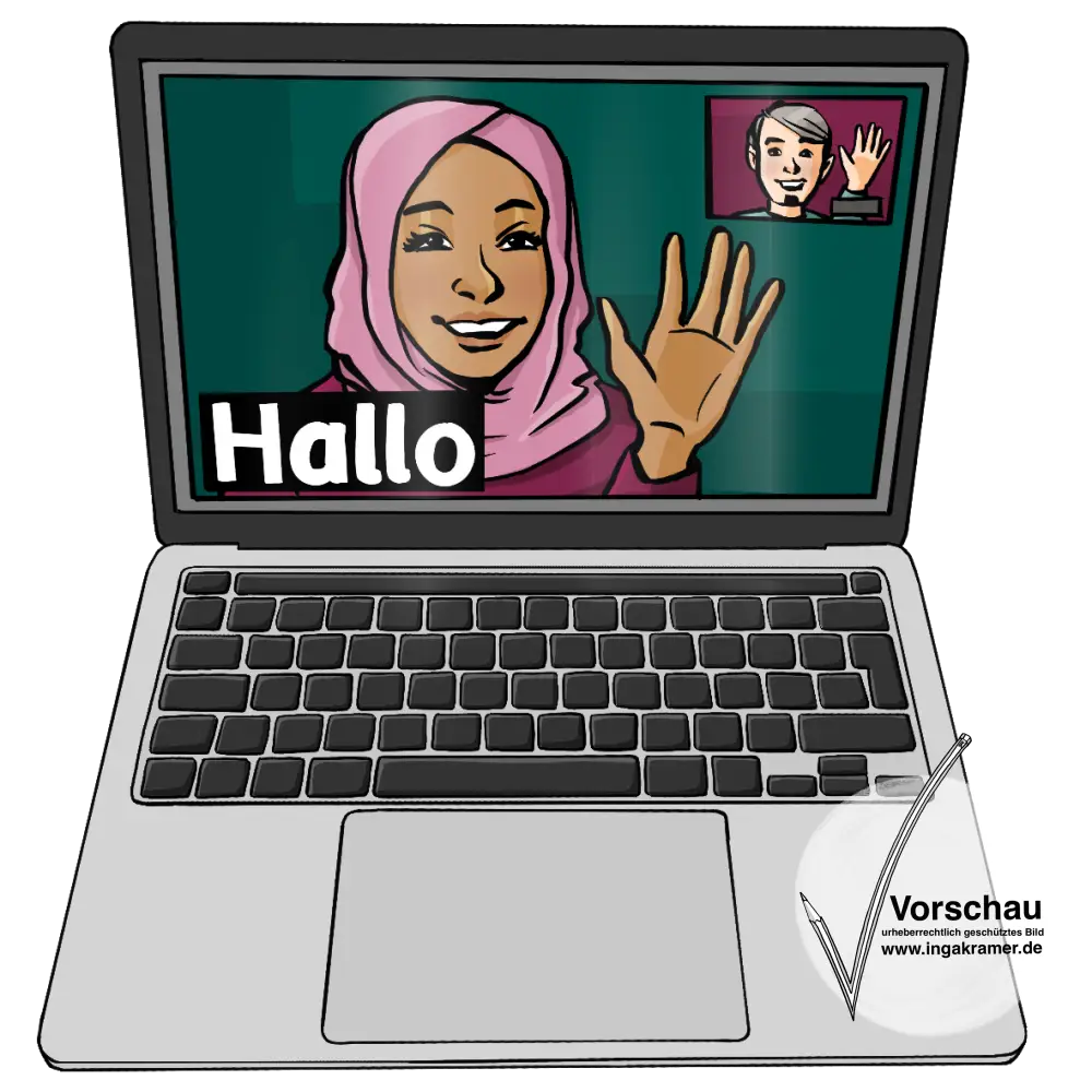 Ein Laptop, auf dem Bildschirm sind 2 Fenster mit Gesichtern. Am unteren Bildschirmrand steht: Hallo.