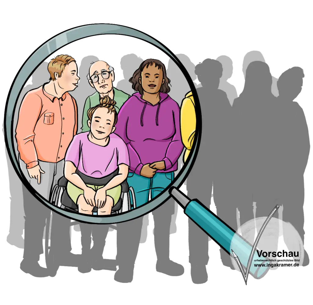 Eine Gruppe Menschen, alle sind grau und unkenntlich. Eine Lupe liegt über einem Bereich des Bildes. In dem Bereich sind verschiedene Menschen, diese sind bunt und erkennbar.