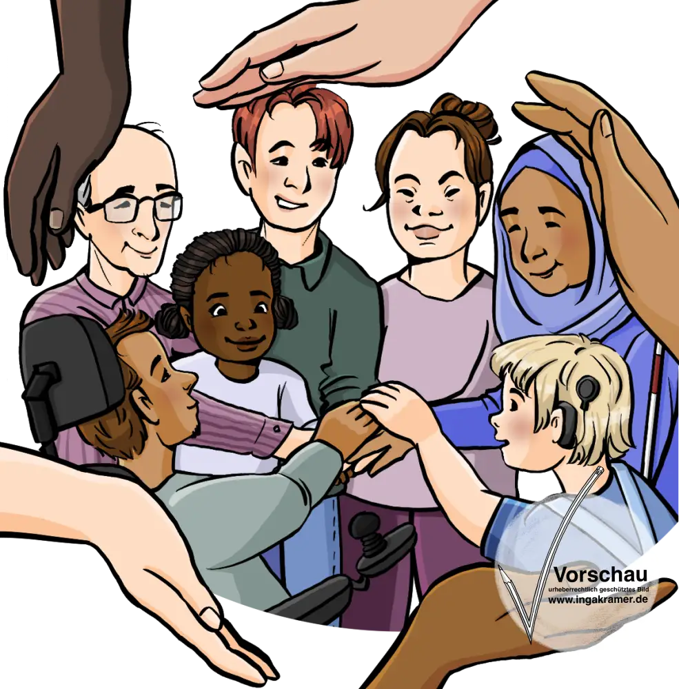 Eine Gruppe junger und alter Menschen mit verschiedenen Hautfarben, mit und ohne Behinderungen. Um das Bild sind kreisförmig Hände angeordnet, die Handflächen zeigen zu den Menschen.