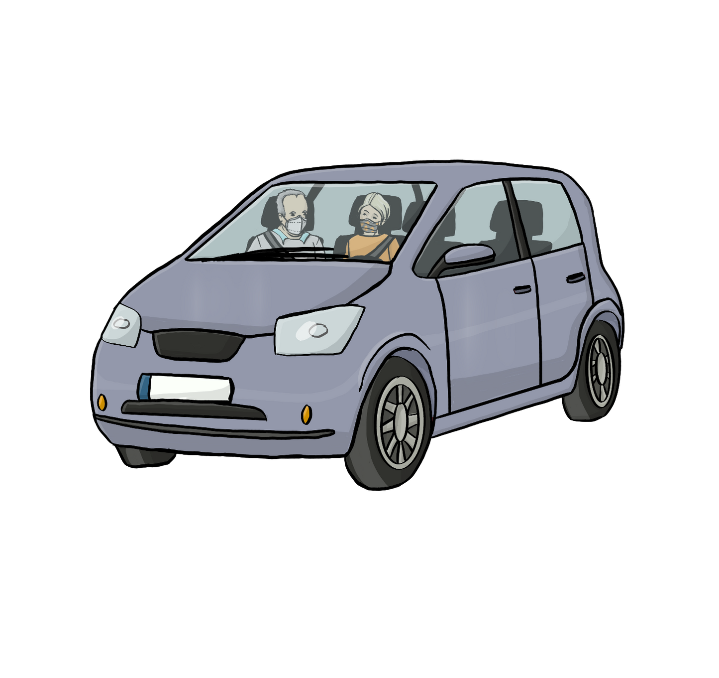 Ein Mann und eine Frau sitzen im Auto. Sie tragen einen Mundschutz.