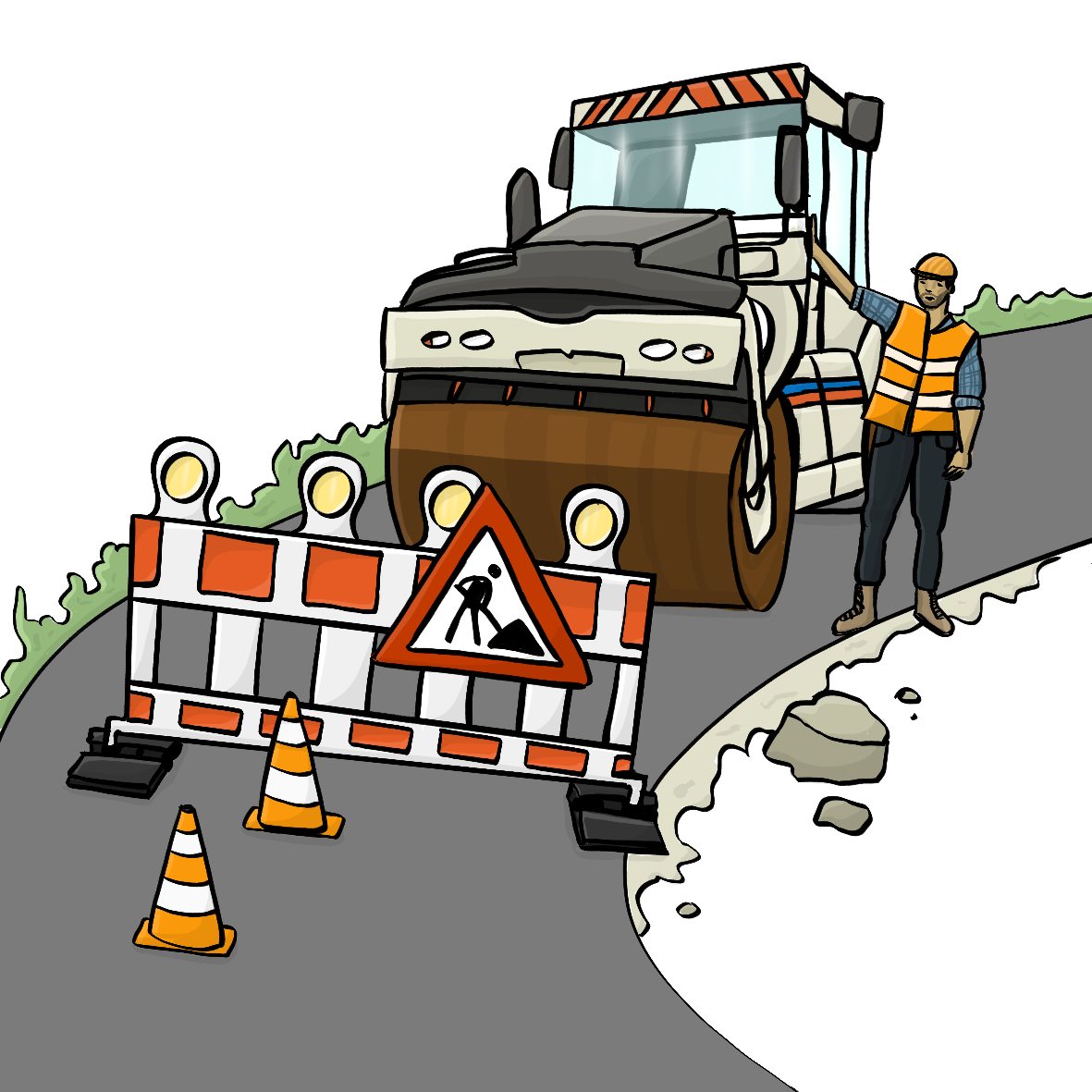 Ein Straßenarbeiter steht neben einer Straßen-Walze. Die Straße ist mit Baustellen-Schildern abgesperrt.