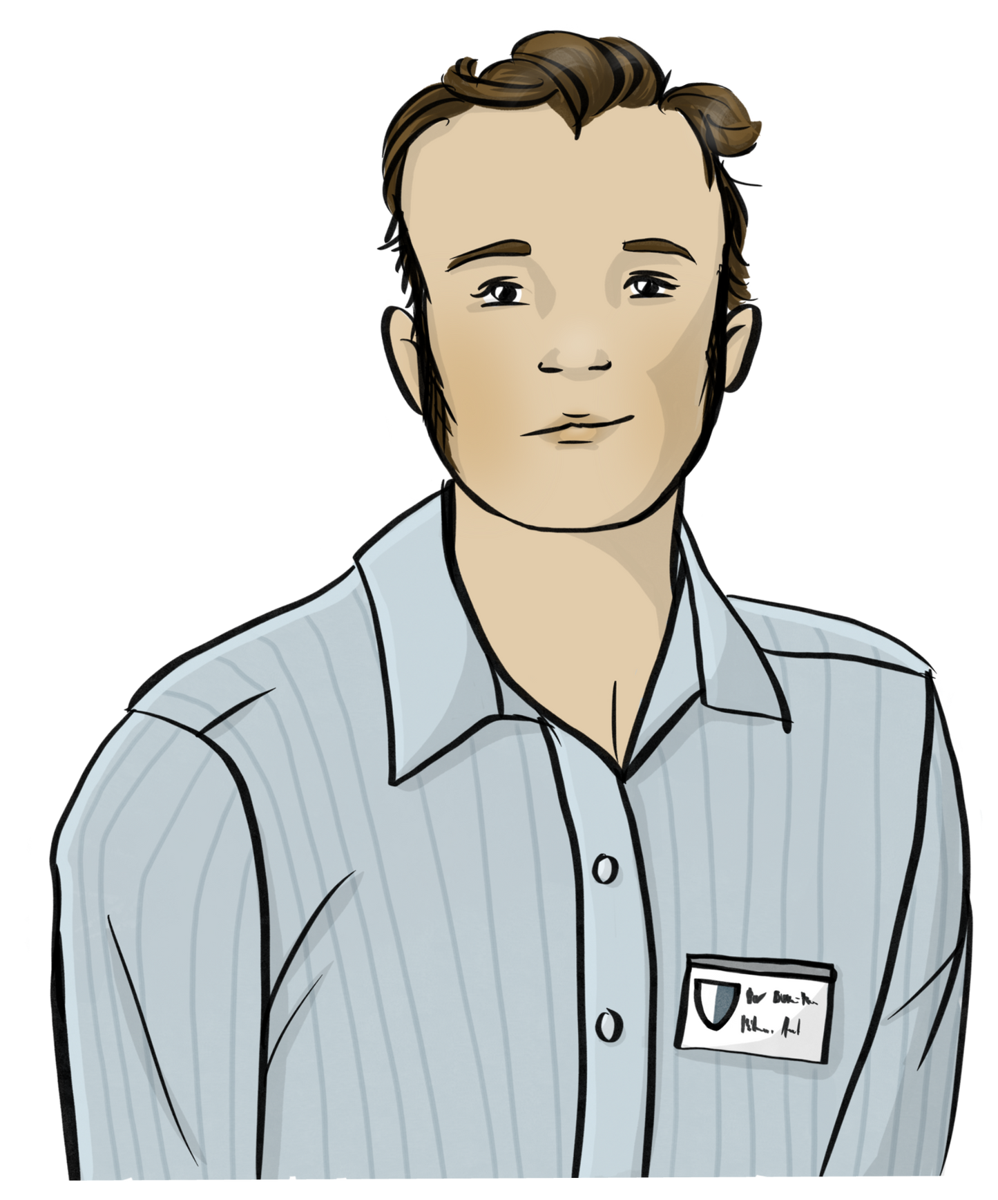 Ein Mann mit einem Hemd. Er trägt einen Mitarbeiter-Ausweis an der Brust.