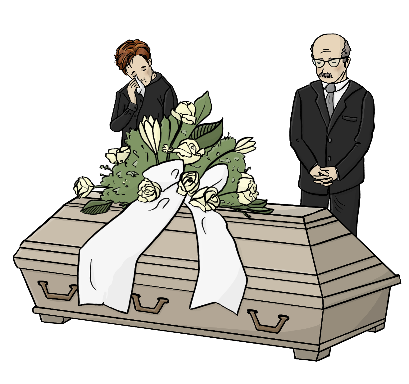Ein Mann und eine Frau stehen hinter einem Sarg. Sie tragen schwarze Kleidung. Die Frau wischt sich die Augen mit einem Taschentuch. Der Mann hat die Hände gefaltet. Auf dem Sarg ist ein Blumen-Gesteck.