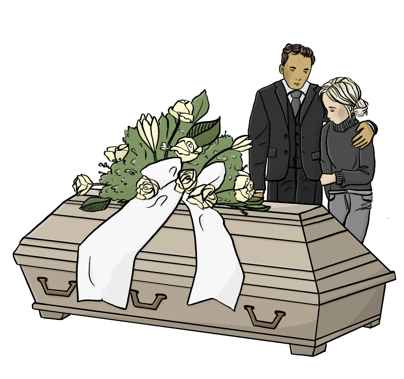 Ein Mann und eine Mädchen stehen hinter einem Sarg. Sie tragen schwarze Kleidung und schauen traurig. Der Mann hat den Arm um das Mädchen gelegt. Auf dem Sarg ist ein Blumen-Gesteck.
