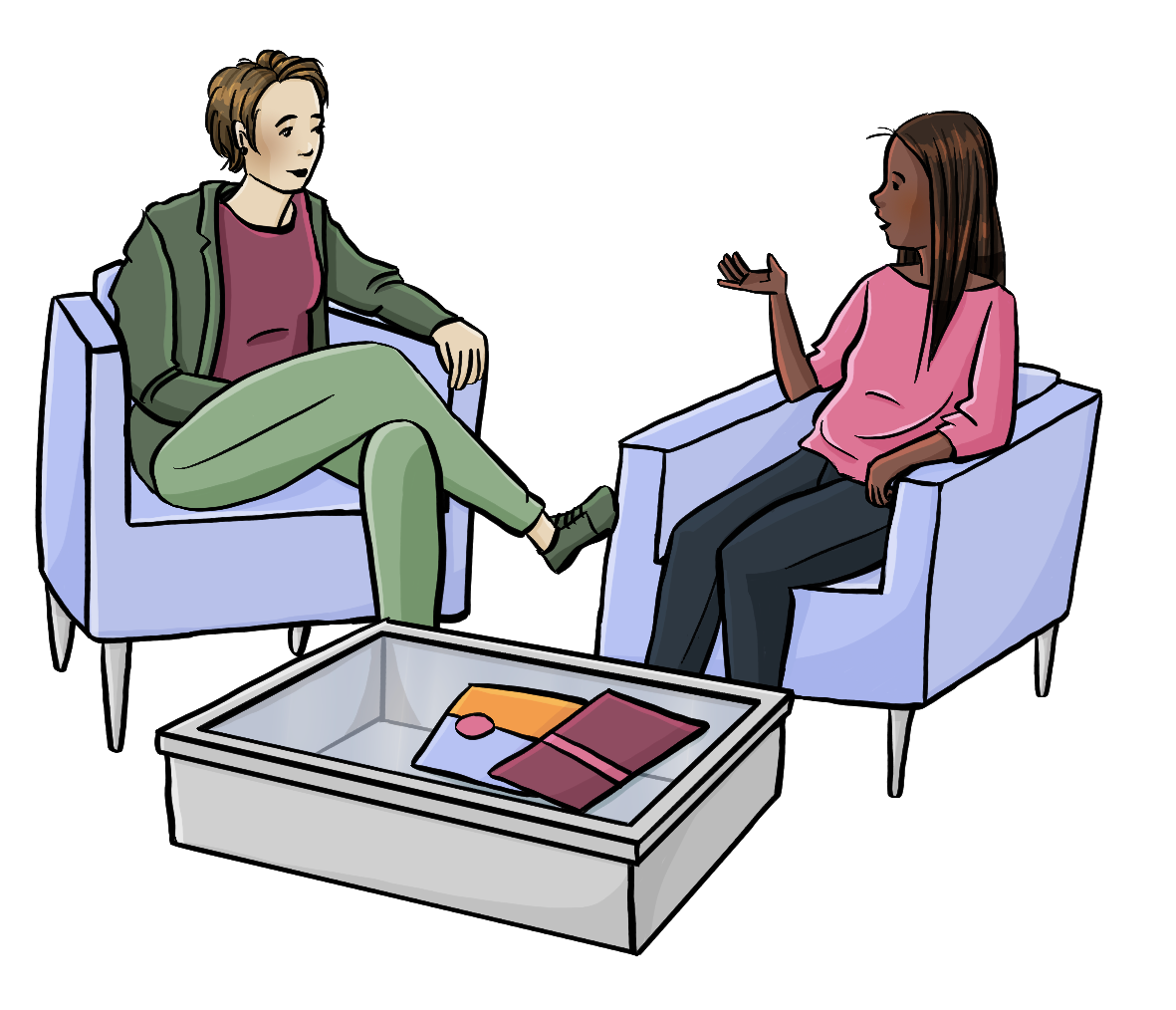 Eine Beraterin und eine andere Frau sitzen sich in Sesseln gegenüber. Zwischen ihnen steht ein kleiner Tisch mit Info-Heften.