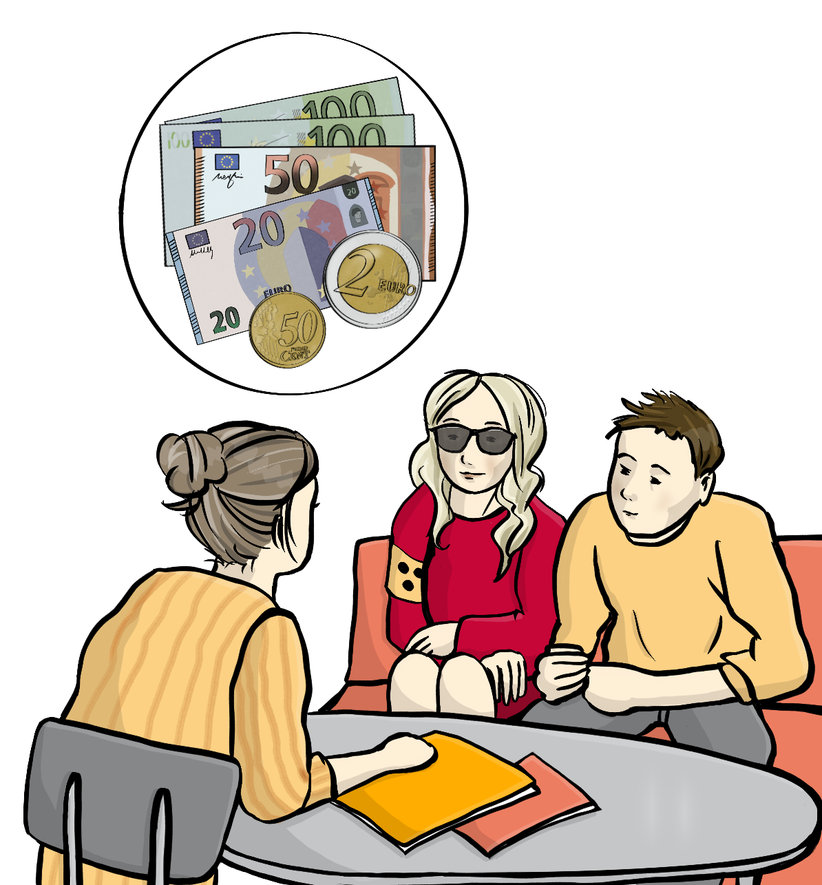 Eine blinde Frau und ein Mann sitzen an einem Tisch. Gegenüber sitzt eine Beraterin. Auf dem Tisch liegen Info-Hefte. Über dem Tisch ist ein weißer Kreis. Im Kreis ist Geld zu sehen.