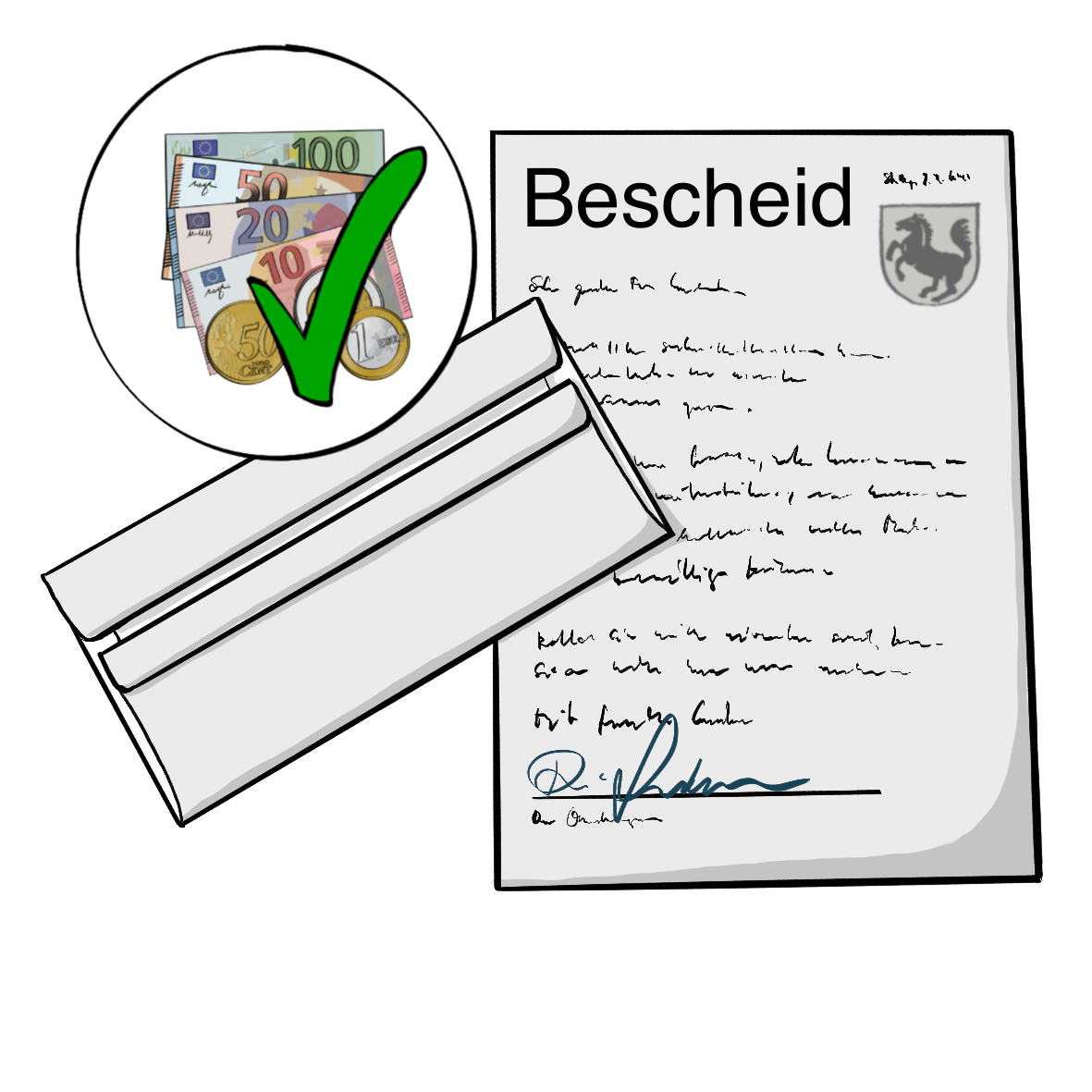 Ein Dokument mit dem Titel: Bescheid. Und ein Briefumschlag. Neben dem Dokument ist ein Kreis. In dem Kreis sieht man Geld mit einem grünen Häkchen.