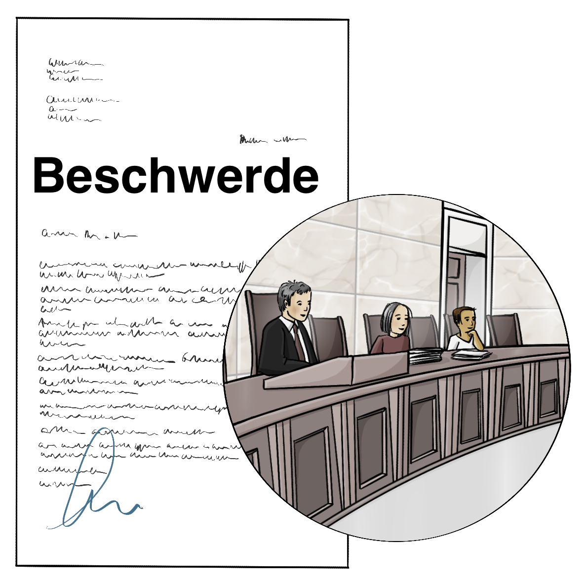 Ein Zettel mit der Überschrift: Beschwerde, unlesbarer Schrift und einer Unterschrift. Daneben ist ein Kreis mit dem Bild von einem Gerichtssaal mit Richtern und Richterinnen.
