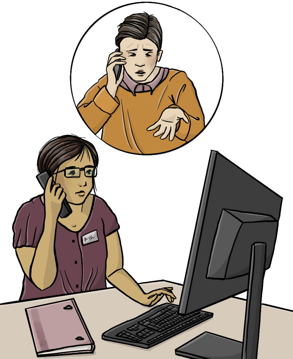 Eine Frau sitzt vor einem Computer und telefoniert. Über ihr ist ein Kreis. Im Kreis sieht man einen Mann. Der Mann telefoniert und schaut ärgerlich.