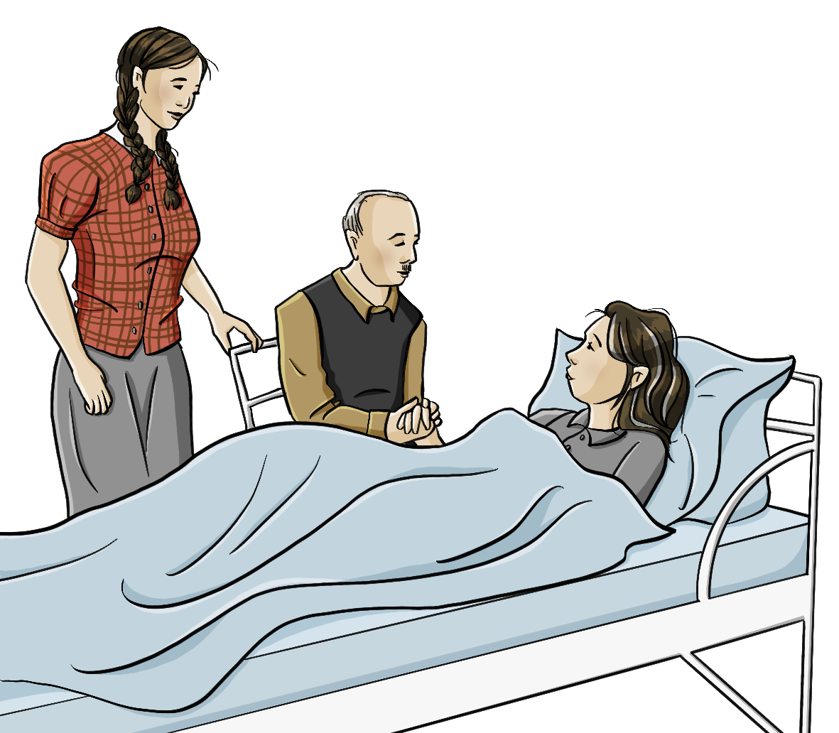 Eine Frau liegt in einem Pflegebett. Ein Mann sitzt daneben auf einem Stuhl und hält ihre Hand. Neben ihm steht eine Frau.