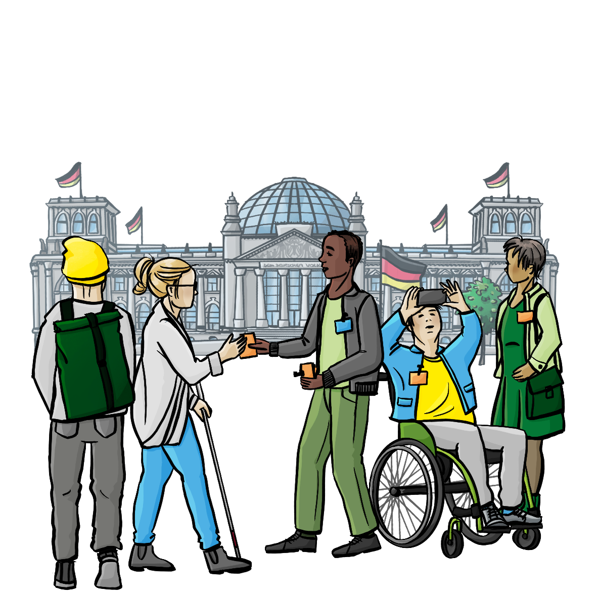 Eine Gruppe Menschen steht vor dem Reichstags-Gebäude. Ein Führer gibt einen Besucher-Ausweis an eine blinde Frau. Ein Mann im Rollstuhl macht ein Selfie.