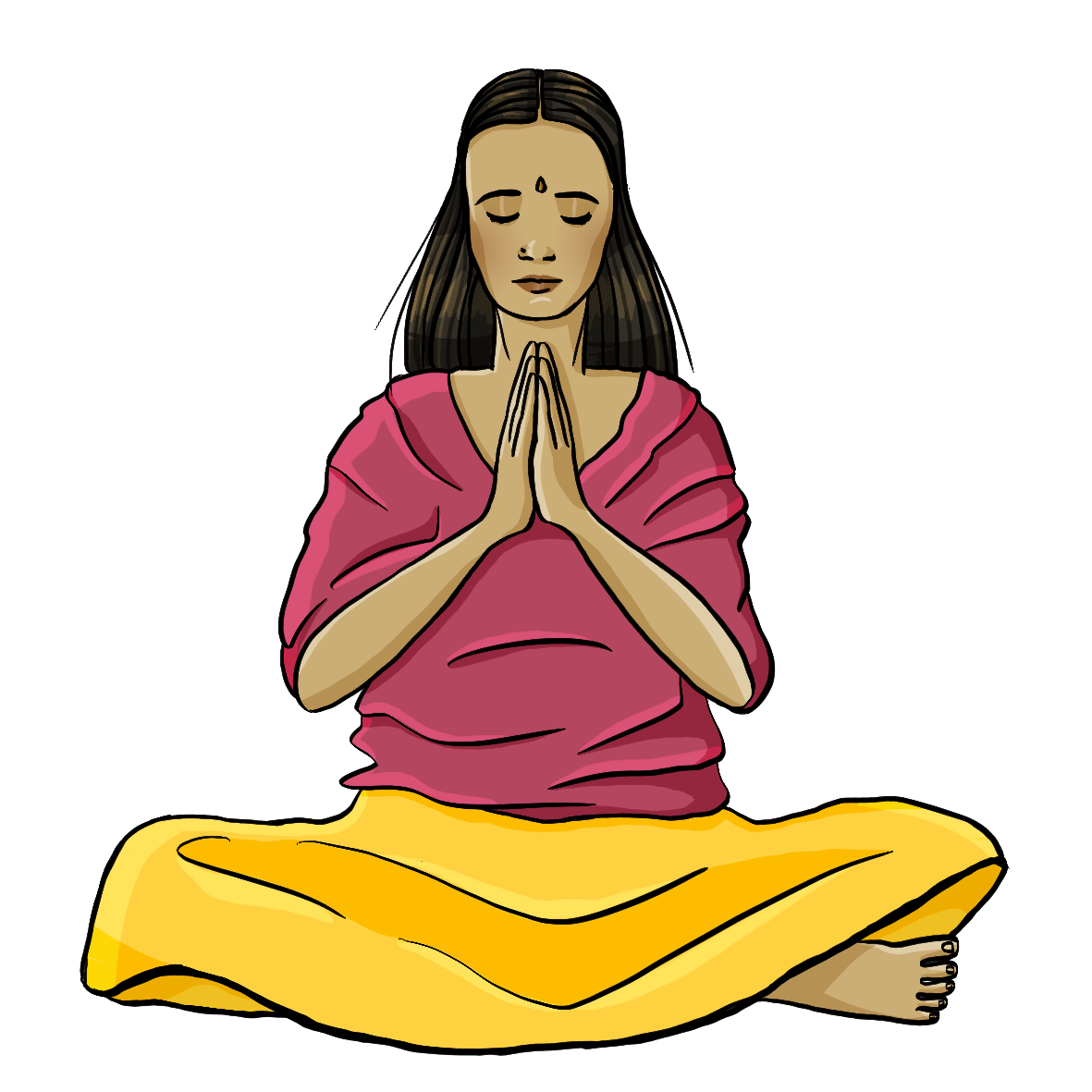 Eine Frau sitzt mit gekreuzten Beinen auf dem Boden. Sie hat die Handflächen unter dem Kinn aneinander gelegt. Ihre Augen sind geschlossen. Sie trägt einen weiten Rock und einen Punkt auf der Stirn.