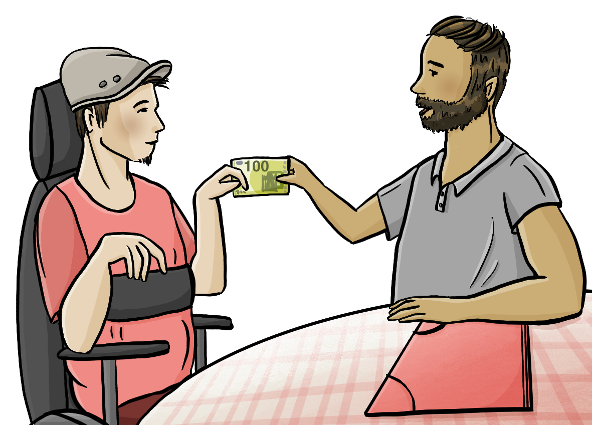 Ein Mann im Rollstuhl und sein Betreuer sitzen an einem Tisch. Der Betreuer gibt dem Mann einen 100 Euro Schein. Auf dem Tisch liegt eine Mappe.
