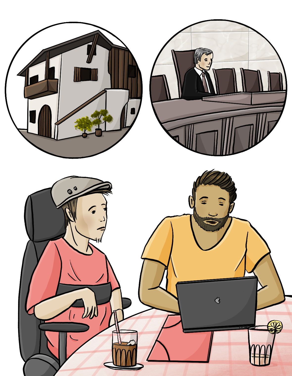 Ein Mann im Rollstuhl und sein Betreuer sitzen an einem Tisch. Der Betreuer schreibt an seinem Laptop. Über den beiden sind zwei Kreise. In dem einen Kreis sieht man einen Richter. In dem anderen Kreis sieht man ein Haus. Auf dem Tisch sind Getränke und eine Mappe.