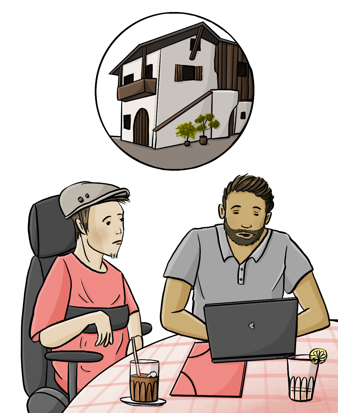 Ein Mann im Rollstuhl und sein Betreuer sitzen an einem Tisch. Der Betreuer schreibt an seinem Laptop. Über den beiden ist ein Kreis. In dem Kreis sieht man ein Haus. Auf dem Tisch sind Getränke und eine Mappe.
