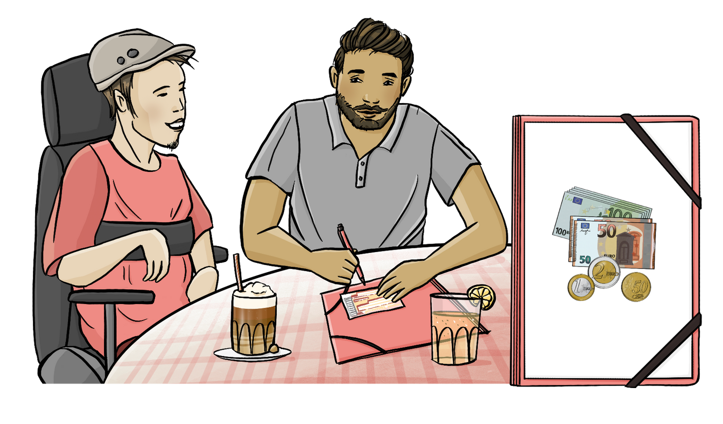 Alternativtext: Ein Mann im Rollstuhl und sein Betreuer sitzen an einem Tisch. Auf dem Tisch sind Getränke und eine Mappe. Der Betreuer füllt einen Überweisungsschein aus. Neben dem Bild sieht man eine größere Mappe. Auf der Mappe ist Geld zu sehen.