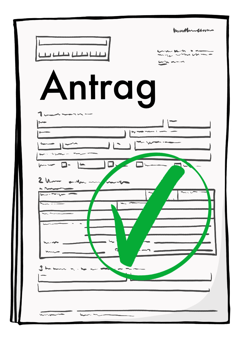 Ein Dokument mit dem Titel: Antrag. Auf dem Antrag ist ein grüner Kreis mit einem Häkchen.