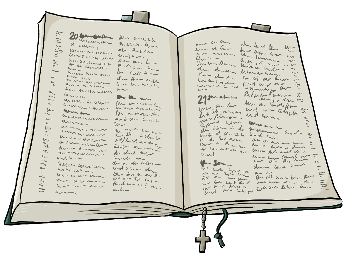 Ein aufgeschlagenes Buch mit kleiner Schrift.