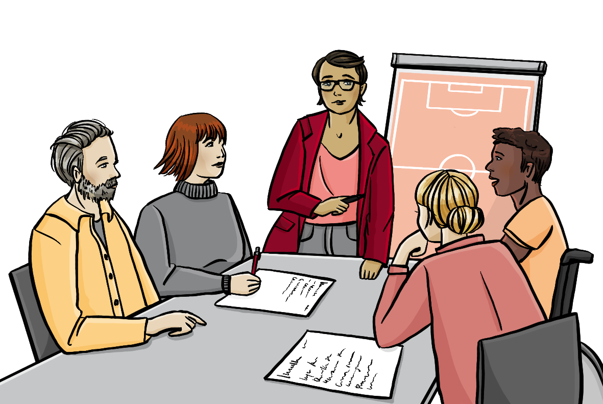 Eine Arbeitsgruppe sitzt am Tisch. Eine Frau Steht vor einer Flipchart. Auf der Flipchart ist ein Bild von einem Sportplatz.