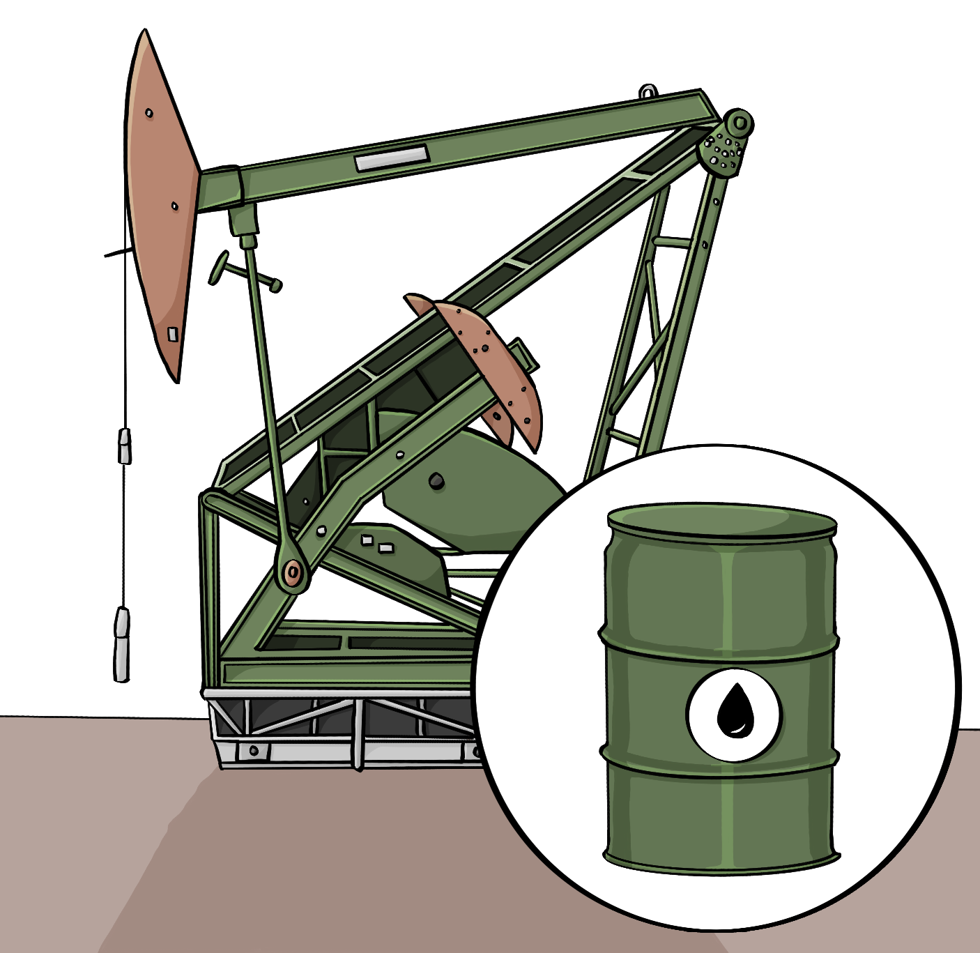 Ein Bohrturm. Im Vordergrund ist ein Kreis mit dem Bild von einem Ölfass.