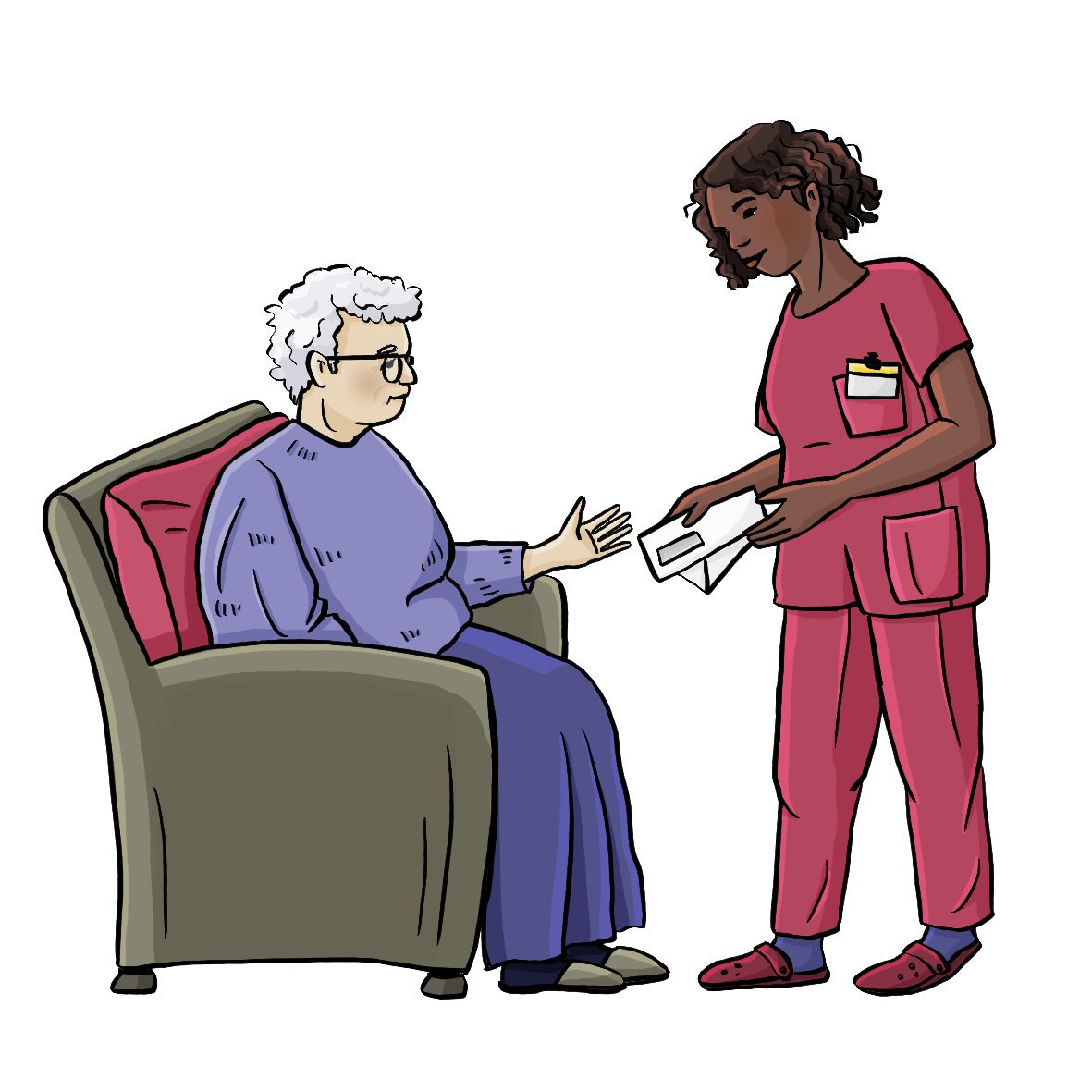 Eine alte Frau sitzt in einem Sessel. Eine jüngere Frau in pinker Hose und pinkem Kittel gibt ihr Briefe.