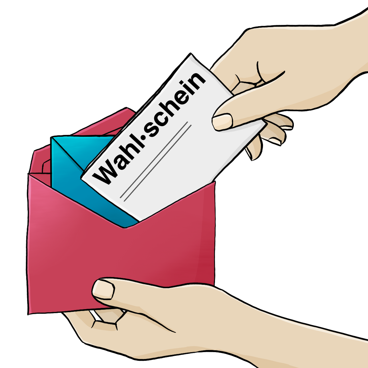 Eine Hand steckt einen Wahlschein in einen roten Briefumschlag. In dem roten Umschlag steckt schon ein blauer Umschlag.