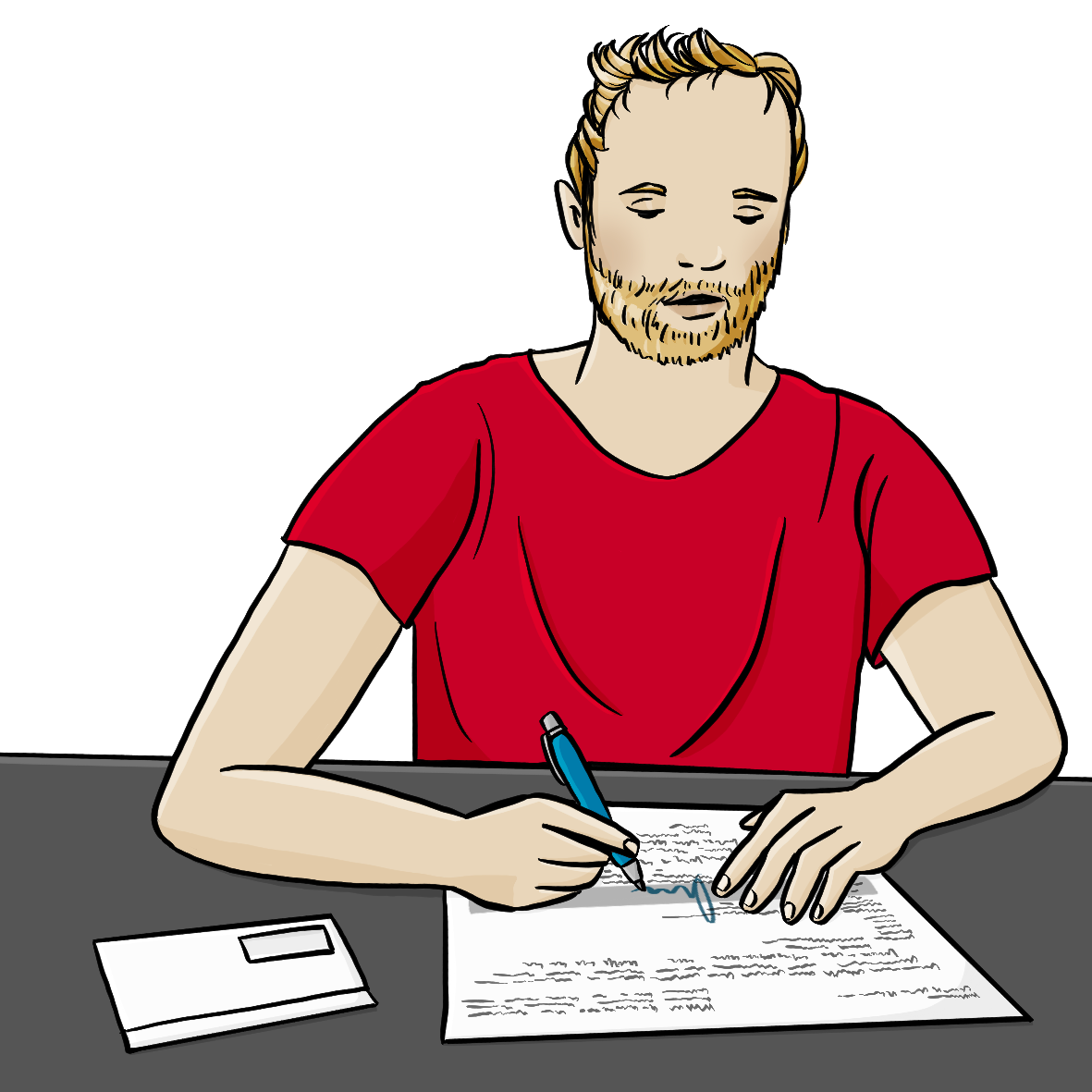 Ein Mann sitzt an einem Tisch und füllt ein Formular aus. Neben dem Formular liegt ein länglicher Umschlag.