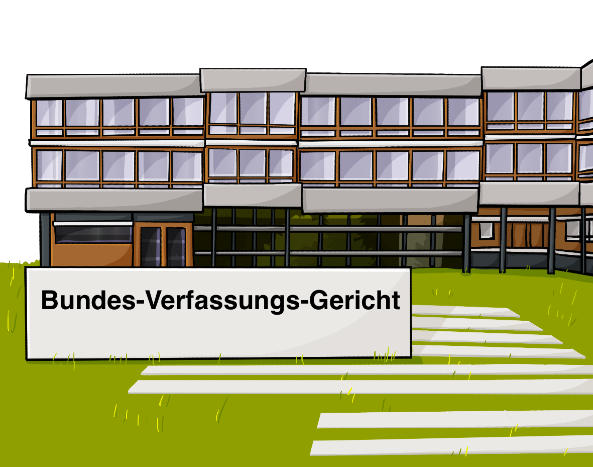 Ein langgestrecktes Gebäude mit vielen Fenstern. Vor dem Gebäude auf einer Rasenfläche steht ein Stein mit der Aufschrift: Bundes-Verfassungs-Gericht.